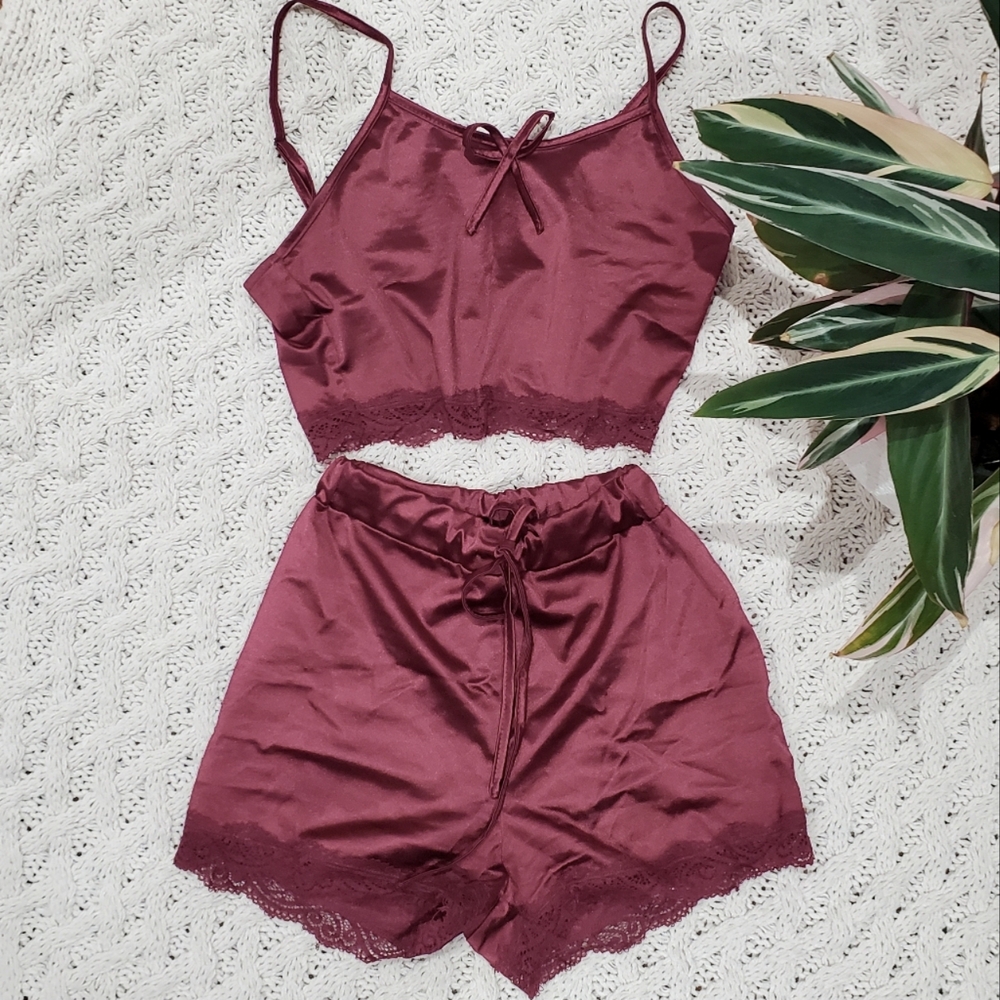 NWOT Cute Burgundy Satin Lace Trim Top + Co-ord shorts